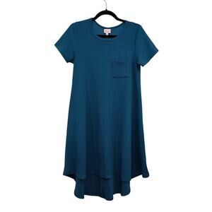 LuLaRoe Carly Dress Blue Teal Short Sleeve High Low Swing Pocket Women Size XS